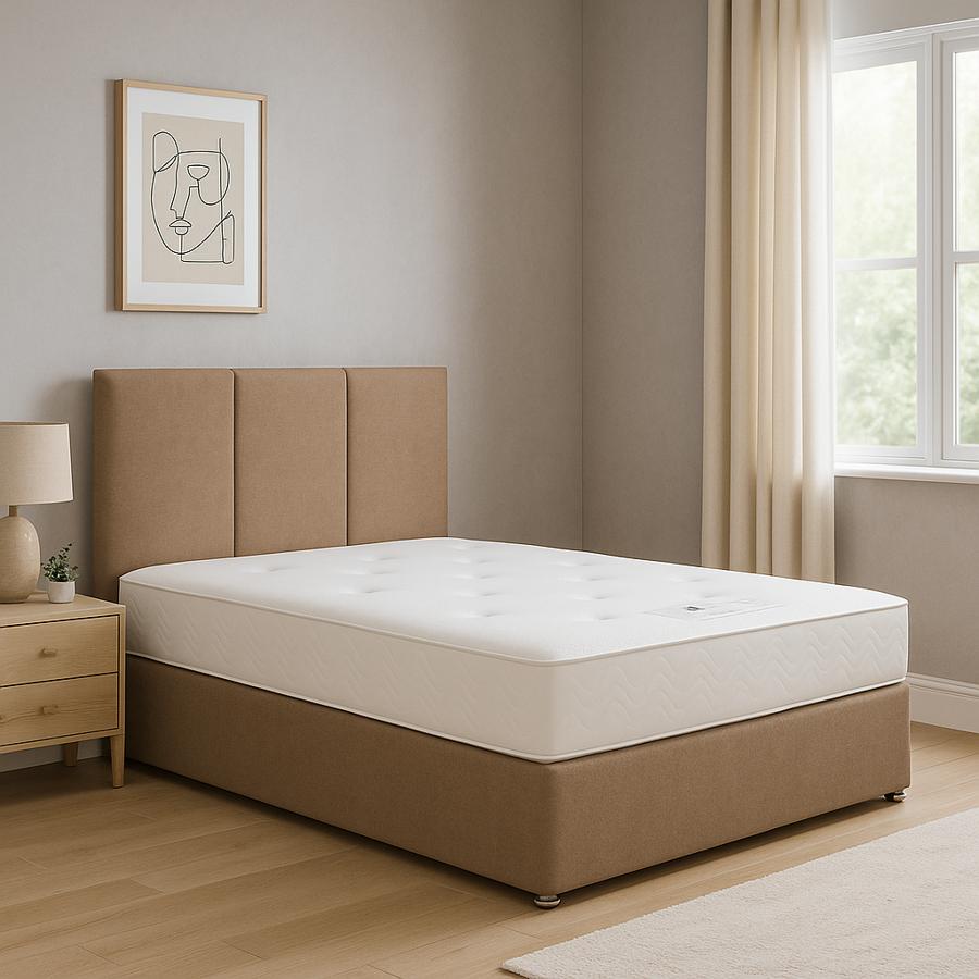 Irish-made divan bed with matching beige headboard and mattress from The Sleep Shop in Athlone.”